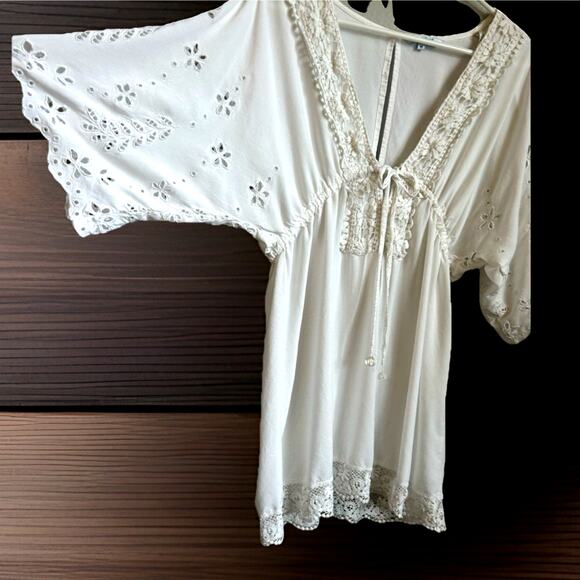 White Eyelet Coverup Mini Dress Swim Cotton Embroidered Lined Boho Beach Bride M - Picture 8 of 13